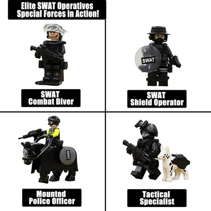 SWAT Set with 12 SWAT Officers 2 Mounted Police with Horse – 1 Helicopter 1 Armored SWAT SUV Vehicleand 2 MotorcycleSafe &amp Durable ABS – Great Gift for Kids Boys and Collectors
