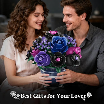 Flowers Botanicals Building Set - Artificial Purple Black Rose Bonsai Plant for Home Decor 507PCS Artificial Flowers Building Set Indoor Gothic Decoration Easter Birthday Gifts for Adults