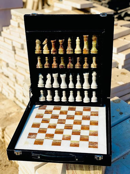 Marble Chess Set Handmade Onyx Full Chess Game Set.Comes in Rexine Box Packaging. Perfect for Gifting (White Multigreen)