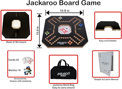 Jackaroo Board Game 2-4 Player Cards and Marbles Board Game Solid Wooden Game with 16 Glass Marbles and 52 Cards Marble Strategy Game Jokers and Marbles Game Foldable Board with Carry Bag (Black)