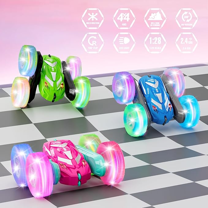 Remote Control Car for Girls 6-12 with Flashing Light Toys 6 7 8 9 Years Old Girl Birthday Gifts Idea RC Cars Stunt 4WD 2.4Ghz Double Sided 360° Flip Present for Kids Christmas Pink