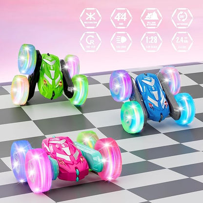 Remote Control Car for Girls 6-12 with Flashing Light Toys 6 7 8 9 Years Old Girl Birthday Gifts Idea RC Cars Stunt 4WD 2.4Ghz Double Sided 360° Flip Present for Kids Christmas Pink