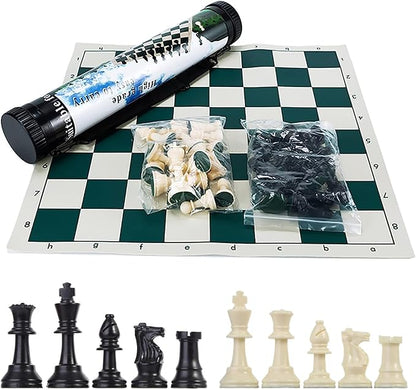 Tournament Chess Set Portable and Professional Set with Travel Portable Plastic Tube Roll. Plastic Staunton Chess Pieces Foldable Vinyl Chess Board. (Green 19X19IN)