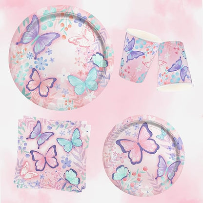 Butterfly Birthday Party Supplies Disposable Paper Plates Napkins Cups Tablecloth and Banner for Butterfly Girl Party Birthday Decorations Serve 25