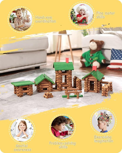 SainSmart Jr. 450 PCS Wooden Log Cabin Set Building House Toy for Toddlers Classic STEM Construction Kit with Colorful Wood Logs Blocks for 3+ Years Old