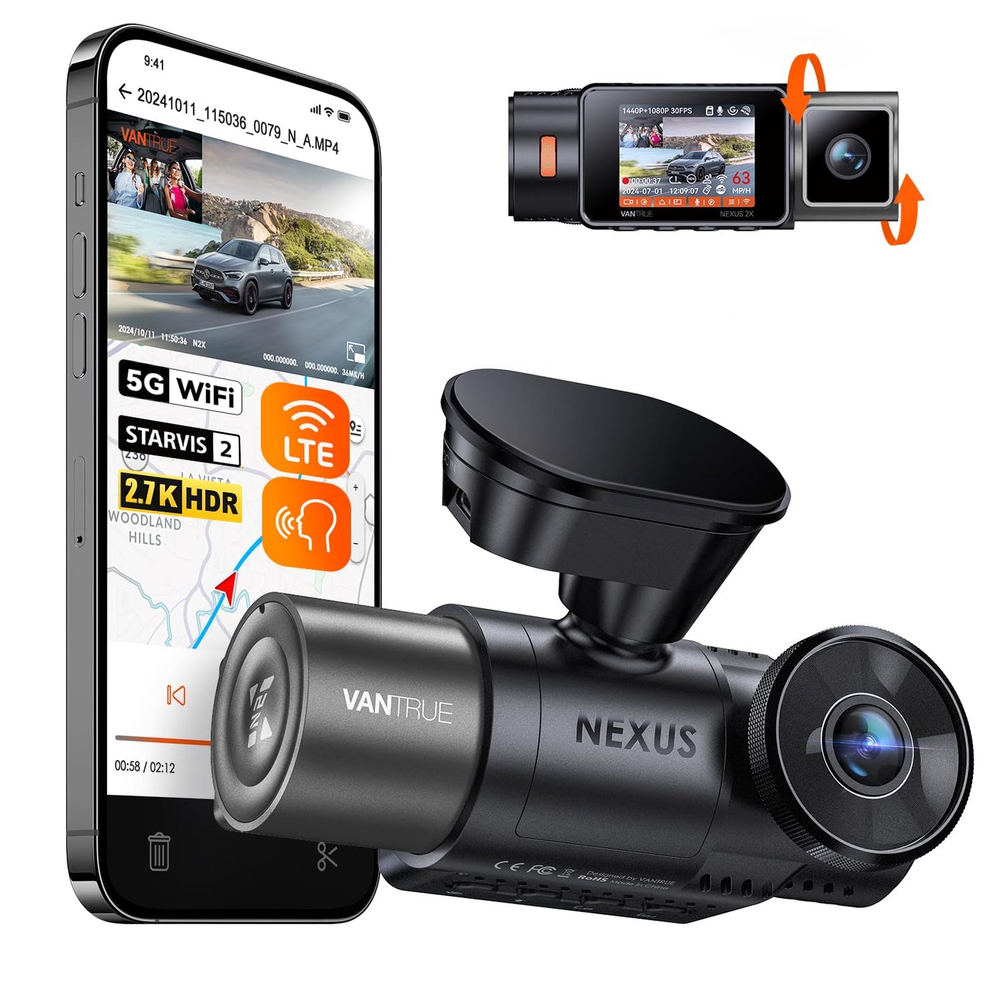 Vantrue N2X 2.7K Uber Dash Cam Front and Inside, 5G WiFi Dual Dash Camera for Car with HDR IR Night Vision, STARVIS 2, GPS, 2.5K/60FPS, LTE Support, 24/7 Parking Mode, Voice Control, Support 512GB Max