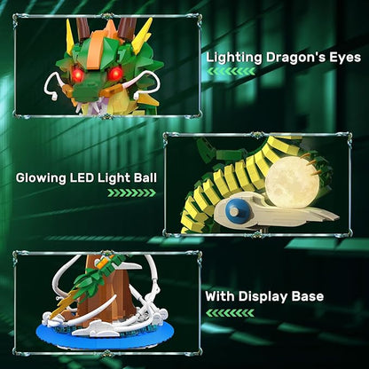 NUTCRACKER Dragon Building Blocks Set for Adult Lighting Dragon Building Display Model with Light Ball Cool Animal Dragon Toy Building Set Easter Birthday Gifts for Boys Girls 14+ (1364 Pieces)