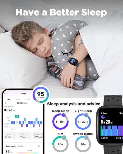 BIGGERFIVE Smart Watch for Kids, 1.8" Fitness Tracker Watch Pedometer, Heart Rate, Sleep Monitor, IP68 Waterproof, Calorie Step Counter, Puzzle Games with/Without APP for Girls Boys Teens 5-16, Black