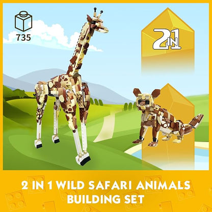 KAZI Creator 2 in 1 Wild Safari Animals Building Set Rebuilds into Giraffe or Corsac Fox Toy Figures Nature Toys for Kids Ages 8 Years Old and UpEaster Basket Stuffers