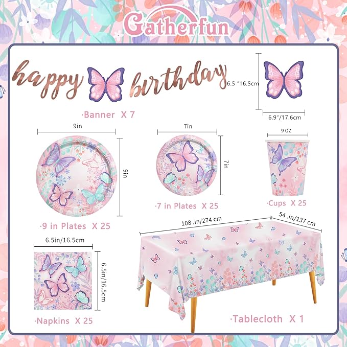 Butterfly Birthday Party Supplies Disposable Paper Plates Napkins Cups Tablecloth and Banner for Butterfly Girl Party Birthday Decorations Serve 25