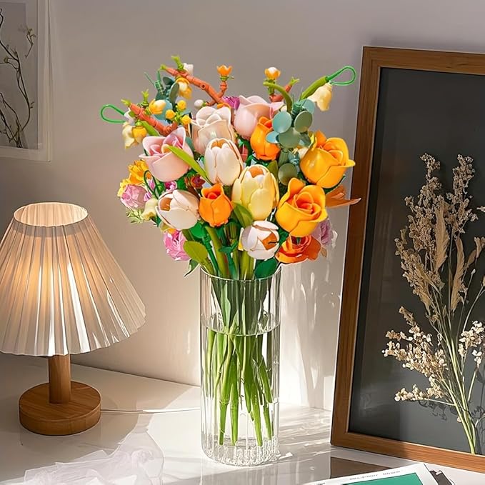 Tulip Rose Flowers Bouquet Building Set - Valentines Gifts Compatible with Lego Flowers Botanical Collection - Christmas Mother's Day &amp Valentine's Gifts for Women &amp Girls Home Decor