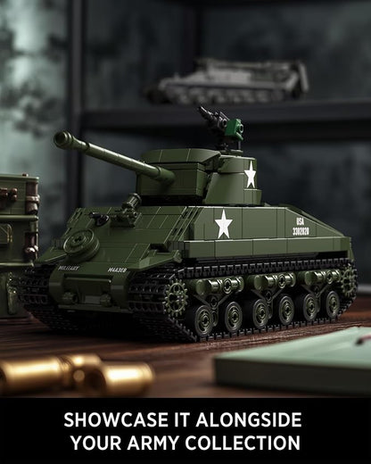 Nifeliz Sherman Military Tank Building Set for Adults Collectible WW2 Military Model Toy to Build and Display M4 Medium Vehicle for Army Enthusiasts (860 PCS NF10313)