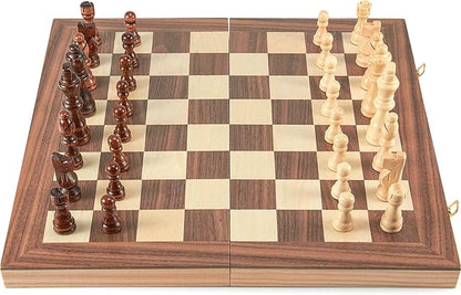AMEROUS 15'' Wooden Chess &amp Checkers Set 2 in 1 Board Games -2 Extra Queens -24 Cherkers Pieces - Gift Box Packed - Chessmen Storage Slots Beginner Chess Set for Kids and Adults