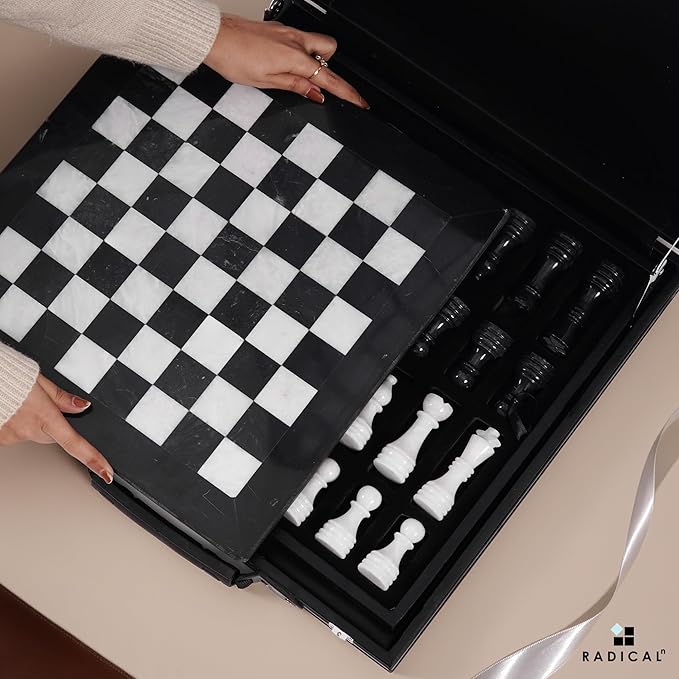 Radicaln Marble Chess Set 15 Inches Black &amp White with Storage Box Handmade Classic Board Games for Adults Luxury Marble Chess Board &amp Chess Pieces for Gifts