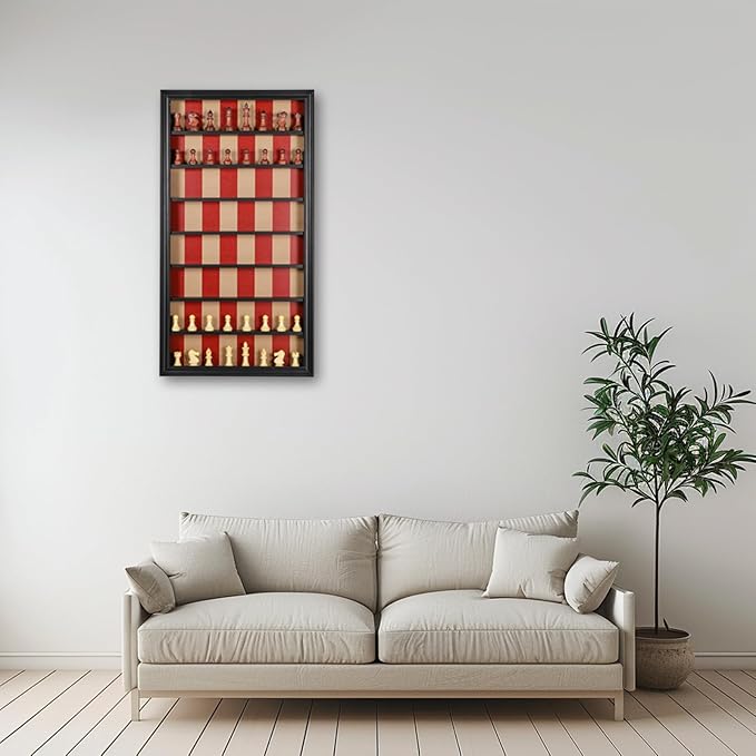 Giant Wall Mounted Board Game Wooden Chess Game Set with A Complete Set of Carved Chess Pieces Vertical Display Cabinet for Home Games Hanging Art Home Decoration (Black)