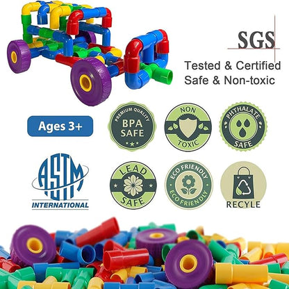 ZOZOPLAY STEM Learning Toy Tubular Pipes &amp Spouts &amp Joints 96 Piece Build Bicycle Tank Scootie Moter Skills Endless Designs Educational Building Blocks Set for Kid Ages 3+ Multicolor