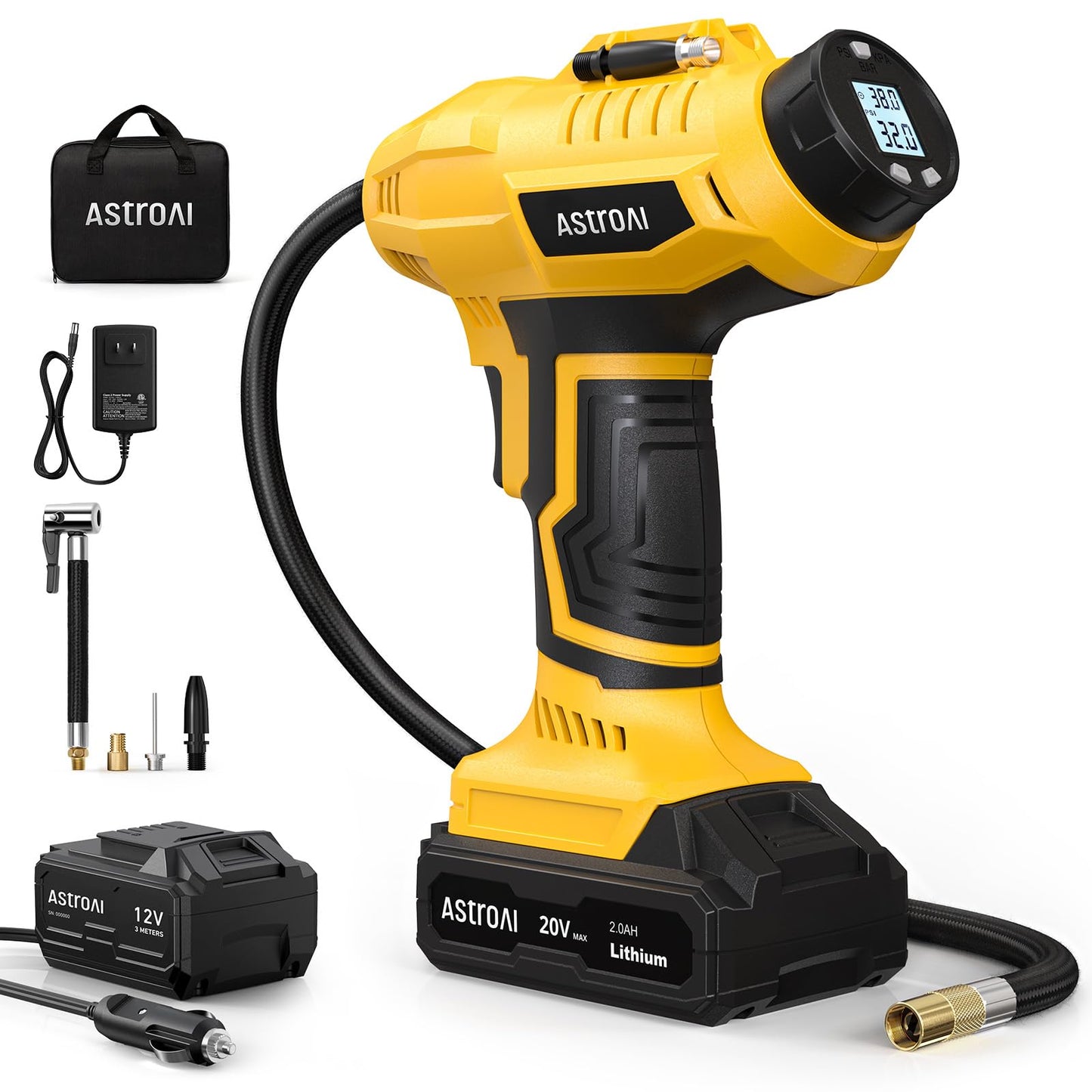 AstroAI Cordless Tire Inflator Air Compressor 20V Rechargeable Battery Powered 160PSI Portable Air Pump with 12V Car Power Adapter Digital Pressure Gauge for Cars Motorcycles JY16P160-18（C2）Yellow