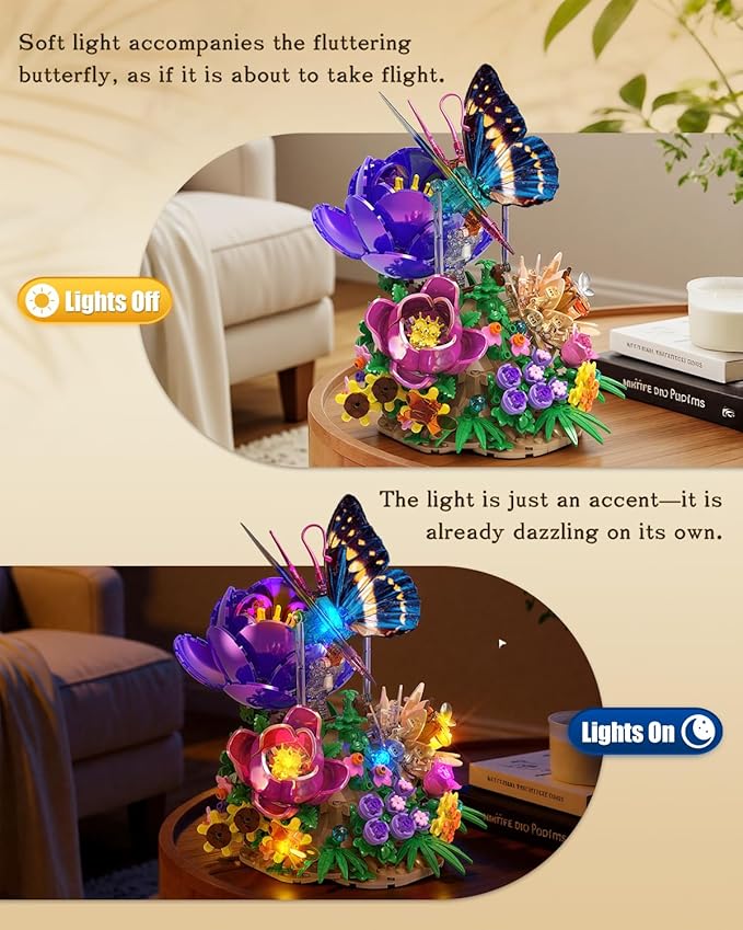 JMBricklayer Butterfly Building Set with Light for Adults Botanical Flowers Collection Building Blocks Set Creative Birthday Valentine's Day Gift for Women Mom Girlfriend Wife
