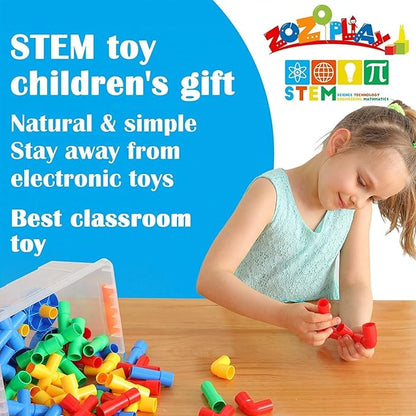 ZOZOPLAY STEM Learning Toy Tubular Pipes &amp Spouts &amp Joints 96 Piece Build Bicycle Tank Scootie Moter Skills Endless Designs Educational Building Blocks Set for Kid Ages 3+ Multicolor