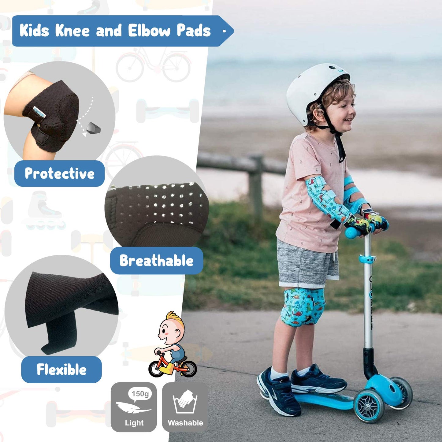 Soft-Style Kids Knee and Elbow Pads with Bike Gloves, Flexible Impact-Resistant Gear for Ages 2-11, Designed for Balance Bikes, Roller-Skating, and Skateboarding (Dinosaur, Small)
