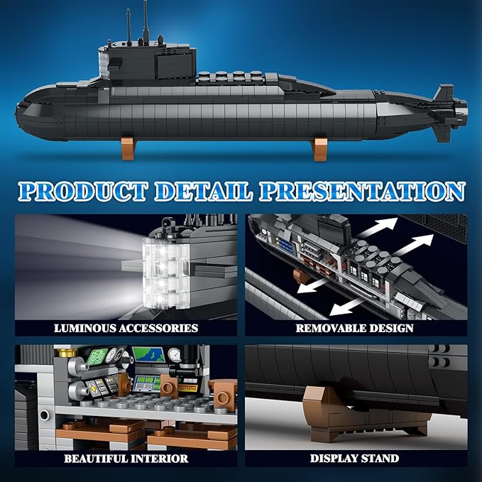 Brihappen Nuclear Submarine Model Building Kit for Adult Boys 14+ (1498 Pieces) - Military Battleship Model with Light Building Home Office Collection Birthday Gifts for Building Blocks Lover