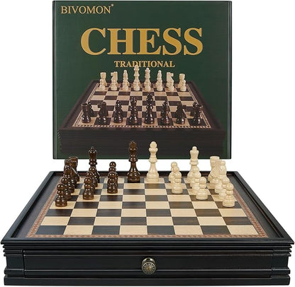 12.5’’ Wooden Chess Set Magnetic Chess Pieces with 2 Built-in Storage Drawers - Chess Broad Game for Beginner Kids Adults - 2 Bonus Extra Queens