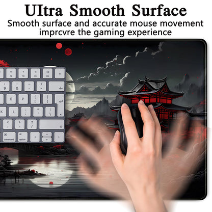 Japanese Desk Mat Riverside Full Moon Desk Pad Black Red Large Mouse Pad Gaming Mousepad Extended XXL Keyboard Pad 31.5 x 15.7 in Laptop Computer Mouse Keyboard Mat for Office Desk Decor