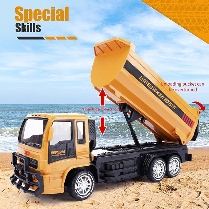 Remote Control Dump Truck for Kids 2.4GHz RC Construction Vehicle with LED Lights 45° Dumping Function 2 Rechargeable Batteries Toy Truck for Boys Girls 3 4 5 6 7 8 Years Old