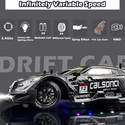 1:16 RC Drift Car 2.4GHz Spray 4WD LED Lights 30+KM/H High Speed Remote Control Car 2 Batteries 60Min Infinitely Variable Speed Drift Car Toys for Adults and Kids (Black 1:16)