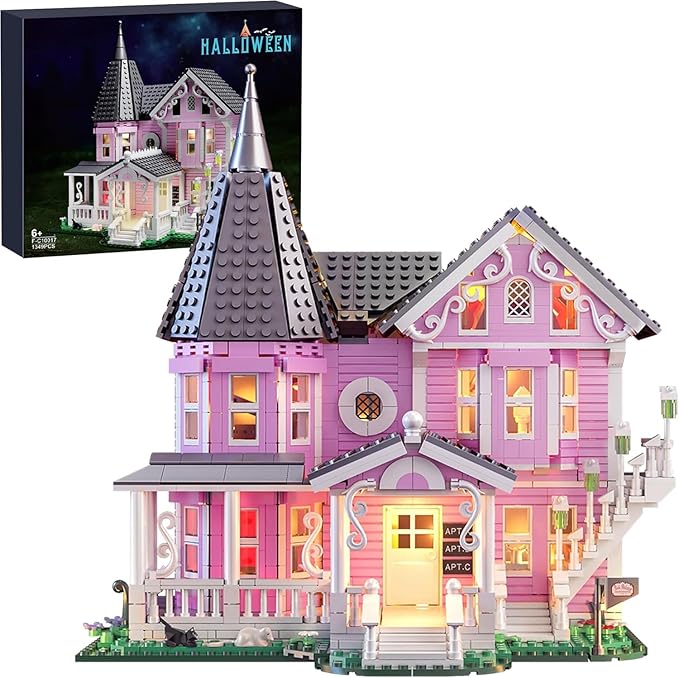 Pink Palace Apartment Building Set with Lights 1349PCS Halloween Haunted House Blocks Compatible with Lego Christmas Birthday Gifts for Kids &amp Collectors Aged 8+