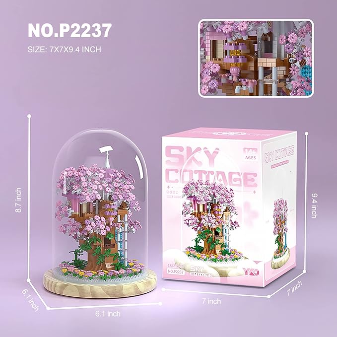 Cherry Blossom Bonsai Tree House Building Flowers Set for Adults 1382 Pcs Micro-Particle Ideas Sakura Tree Building Blocks Complete with String Lights Dust Cover and Wooden Base