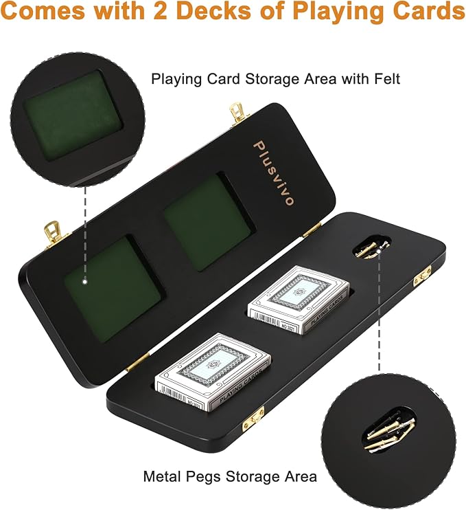 Cribbage Board Game Set 3 Tracks 2 Storage Area with 9 Metal Pegs2 Decks of Playing Cards and Instruction Wooden Travel Portable Cribbage Game Sets