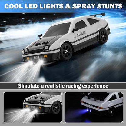 RC Drift Car 1:16 Scale AE86 Model RC Drift Car 4WD 18KM/h High Speed Remote Control Cars with LED Lights Spray Drifting Tires Sport Racing On-Road Vehicle for Teens Adults