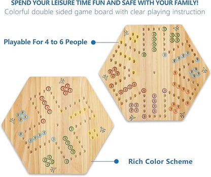 Original Marble Game Wahoo Board Game Double Sided Painted Wooden Fast Track Board Game for Friends and Party 6 and 4 Players 6 Colors 24 Marbles 6 Dice