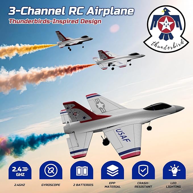 DEERC F16 Thunderbirds RC Plane3CH Remote Control Airplane Fighter Toys2.4GHz 6-axis Gyro Stabilizer RTF Glider Aircraft Plane with 2 BatteriesEasy to Fly for Beginners Kids Adults