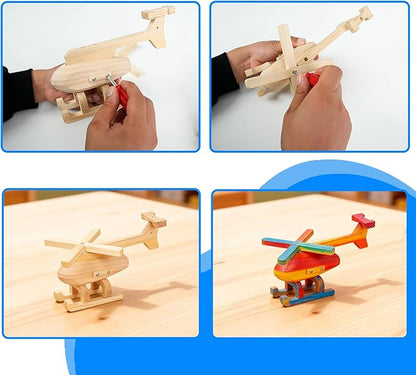 Easy Playhouse: Wood Building Toy Kit - DIY 3 Vehicle Projects: Helicopter Truck &amp Excavator 12 Paint Colors &amp 2 Brushes Arts &amp Craft Set Kids 8+