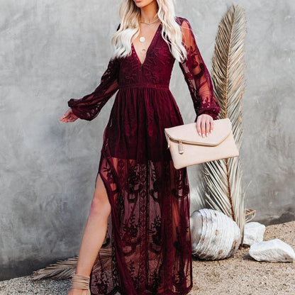 Womens Deep V Neck Short Sleeve Floral Lace Dress Long Bridesmaid Maxi Dresses