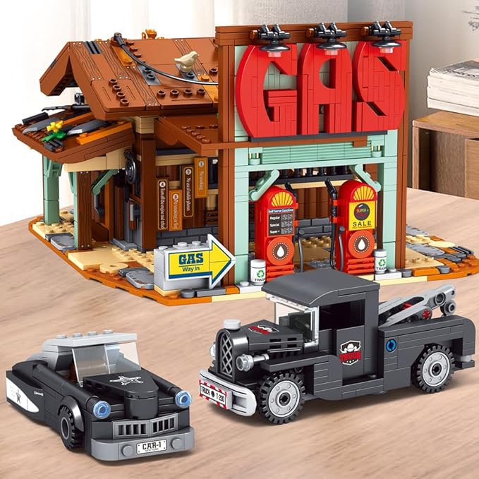 39118 Cowboy City Gas Station Building Blocks with LED Lights 1754 PCS Wild West Vintage Fuel Station Architecture Kit for Adults Western Street Scene Model