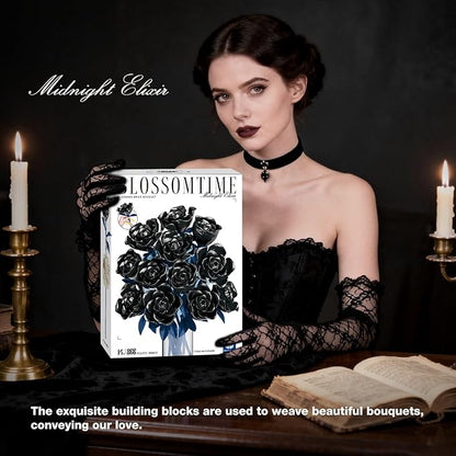 Rose Rotating Everlasting Flower Building Set Compatible Artificial Bouquet Elegant Home/Office Decor Accent for Tabletop Display Long-Lasting Home Decoration (Black)