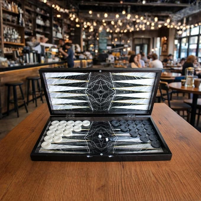 Park&ampOz Premium Turkish Backgammon and Checkers Set 19 Inch Handmade 2 in 1 Wooden Board Game with Glossy Finish Luxury Checkers and Dice Travel Friendly and Foldable (Black Marble)