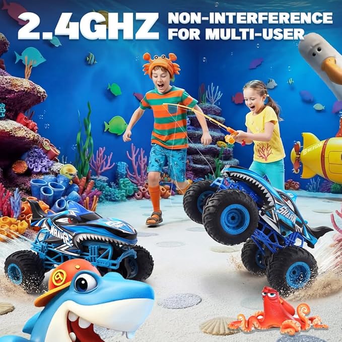 BEZGAR 1:16 Scale Remote Control Monster Truck - Shark Monster Truck Toys with 360° Spins and Drifting RC Car with Light and Music Remote Control Car for Boys 4-7 Kids Christmas Birthday Gifts