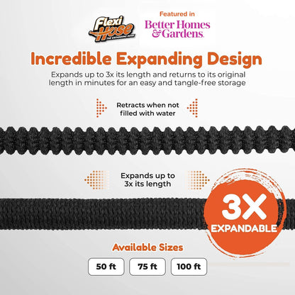 Flexi Hose with 8 Function Nozzle Expandable Garden Hose, Lightweight & No-Kink Flexible Garden Hose, 3/4 inch Solid Brass Fittings and Double Latex Core, 75 ft Black