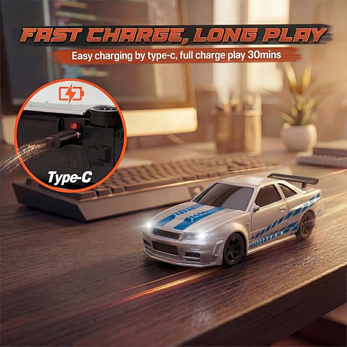[2026 New Upgrade 1/43 Scale Mini RC Drift Car with Gyroscope Toys for Age 8-14 Old Birthday Gifts Micro Small with Full Proportional RTR 2.4GHz Remote 2 Tire Sets 8 Cones - Silver Blue