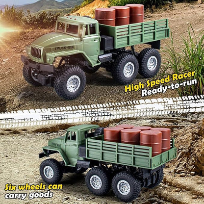 GoolRC RC Military Truck 1:16 Scale 6WD Remote Control Car 2.4GHz Off-Road RC Truck with LED Light and 2 Batteries All Terrain Army Transport Vehicle for Adults