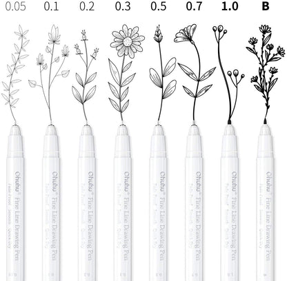 Ohuhu Fineliner Pens Micro Drawing Pens: 8-size Tips (Ultra-fine, Fine & Brush) Waterproof Pigment Black Ink for Illustration Drawing Journaling Sketching for Artist Beginners