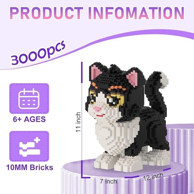 Cat Building Blocks with Organizer Bins | Black | Micro 3D Animal Building Blocks | 3000PCS | Gift for Adults and Kids | Home &amp Office Decor | RQ8890