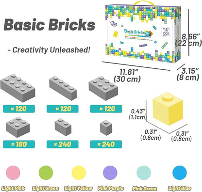 Classic Building Bricks Playset 1000 Pieces Bulk Blocks Set Accessories Compatible with All Major Brands Parts and Pieces STEM Toys for Kids 4+ Years Old (Pastel)