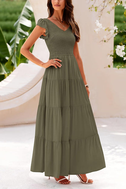 PRETTYGARDEN Women's Summer Flowy Maxi Dress Casual Cap Sleeve V Neck Smocked Beach Sundress