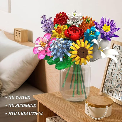 Flower Bouquet Building Set1009PCS Creative DIY Plant Bouquet Decoration12 Artificial Flowers Botanical for Adults Women Girls Ages 6+Idea Gifts for Mother's Day Valentine's Day No Vase
