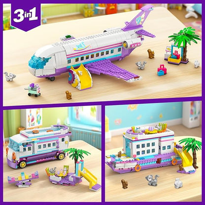 HOGOKIDS 3-in-1 Friends Airplane Building Toy Set - 808PCS Plane/Boat/Camper Van Building Toys with Cute 6 Mini Animals Slide Fun Accessories and Stickers Birthday Gifts for Girls Boys Age 8-12+